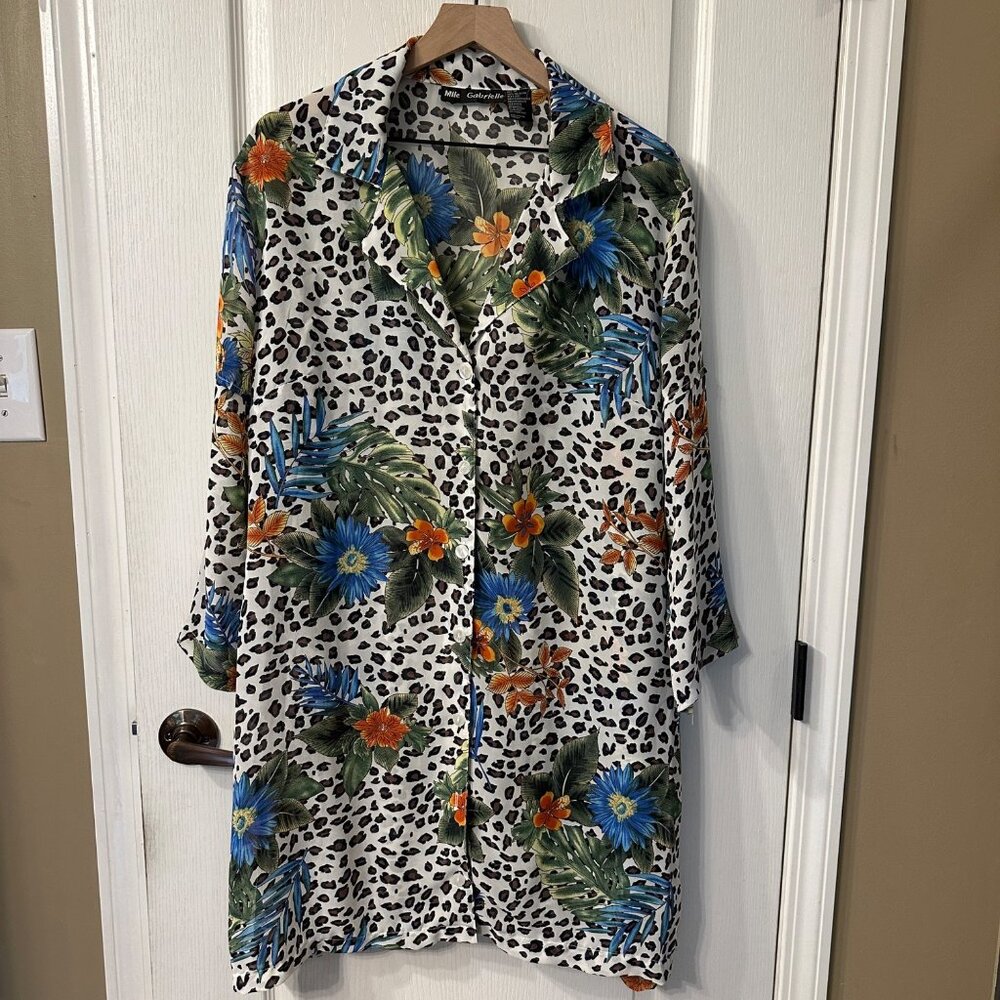 Mlle Gabrielle | Sz 18 Animal Print Tropical Floral Button Up Tunic Top Cover Up